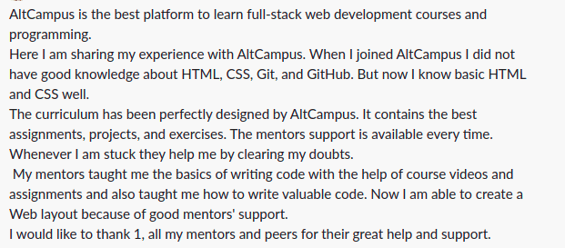 #100DaysOfCode 
My Experience with AltCampus
@AltCampus 
@HumansofAltC https://t.co/DChX7W2hyt
