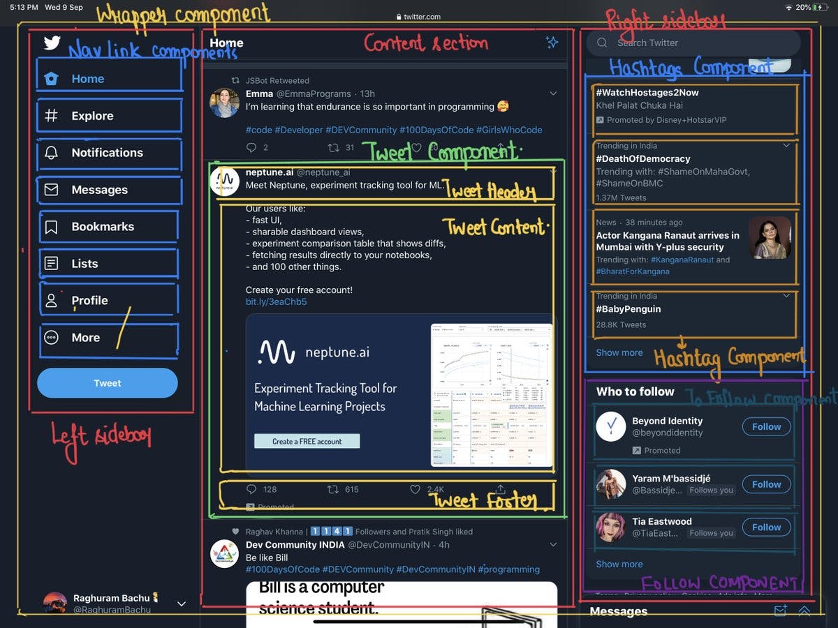 R2-D39 of #100DaysOfCode 

Have started making Twitter clone using React . Also created a component breakdown of the UI.

#AltCampus #reactjs #javascript #DEVCommunity  #DevCommunityIN https://t.co/PGn7B4pruM